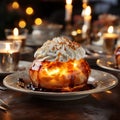 Close up shot of a Baked Alaska on fancy table.