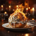 Close up shot of a Baked Alaska on fancy table.