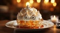 Close up shot of a Baked Alaska on fancy table.