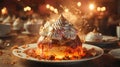 Close up shot of a Baked Alaska on fancy table.