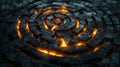 Intricate stone maze with glowing lava accents radiating a mystical ambiance in a dark setting. Generative AI