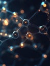 Close up view of molecular structure showcasing intricate connections and glowing particles in a dark background Royalty Free Stock Photo