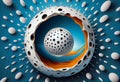 Visual illusion. A ball is moving on rotating mottled white blue hole. Generative ai