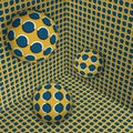 Visual illusion illustration. Three balls are moving on in the yellow blue expanding corner