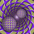 Visual illusion illustration. Two balls are moving on rotating mottled blue purple green hole.