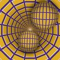 Visual illusion illustration. Two balls are moving on rotating purple funnel with yellow quadrangles.