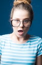 Visual improvement. visual improvement of surprised teen girl in glasses. woman in glasses makes visual improvement Royalty Free Stock Photo