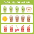 Visual logic puzzle Circle the odd one out. Kawaii colorful apple coffee smoothies orange cherry with pink cheeks and winking eyes