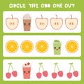 Visual logic puzzle Circle the odd one out. Kawaii colorful apple coffee smoothies orange cherry with pink cheeks and winking eyes