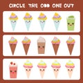 Visual logic puzzle Circle the odd one out. Kawaii colorful coffee kiwi strawberry smoothies, ice cream cone with pink cheeks and