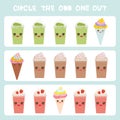 Visual logic puzzle Circle the odd one out. Kawaii colorful coffee kiwi strawberry smoothies, ice cream cone with pink cheeks and