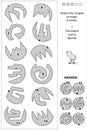 Visual math puzzle: Match the shapes to make 6 circles. Answer included. Black and white, printable. Royalty Free Stock Photo
