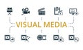 Visual Media set icon. Editable icons visual media theme such as movie roll, pronotion video, video optimization and