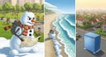 Collage of three diverse scenes a snowman in a park a beach with waves and a suburban street with a trash bin Royalty Free Stock Photo