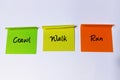 Visual metaphor of phased development crawl, walk, run sticky notes Royalty Free Stock Photo