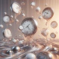 A visual metaphor of time as a series of transparent, floating clocks