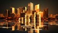 Wealth in the Skyline: Golden Coins Amidst City Towers, concept of wealth accumulation, real estate goals