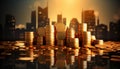 Wealth in the Skyline: Golden Coins Amidst City Towers, concept of wealth accumulation, real estate goals