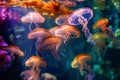 A visual of numerous jellyfish peacefully swimming together in an aquarium tank, A symphony of jellyfish, creating a play of
