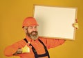 Visual outline. Troubleshoot concept. Bearded man repairman builder. Plan repair works. Repairman hold whiteboard copy