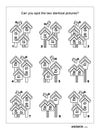 Visual puzzle and coloring page with spring birdhouses