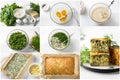 Visual recipe for a quick savory pie with spinach, dill, eggs, and cheese, collage. Easy step-by-step DIY guide Royalty Free Stock Photo