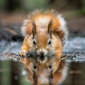 Visual a red squirrel drinking water from the river in woodlands, its tail is raised and you can see its reflection on the su Royalty Free Stock Photo