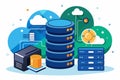 A visual representation of a backup server database with cloud elements and organized data storage units, Backup server database, Royalty Free Stock Photo