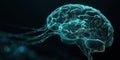 Visual representation of a brain illuminated with glowing blue and purple lines on a dark background Royalty Free Stock Photo