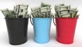 A visual representation of budget diversity, showcasing different buckets filled with money to symbolize various budget