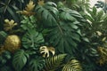 Visual representation of a bush of tropical green plants including Monstera, fern, and Eucalyptus leaves, adorned with gold