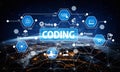 Visual representation of coding concepts with interconnected elements such as data structure, source code, testing, and Royalty Free Stock Photo