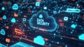 Visual representation of data security concepts with cloud symbols and digital elements in a tech environment Royalty Free Stock Photo