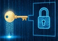 Digital golden key unlocks secure glowing padlock on binary data background Royalty Free Stock Photo