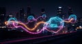 A visual representation of distributed data floating above a futuristic city skyline at night Royalty Free Stock Photo