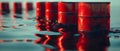 Visual representation of environmental pollution through D rendering of red metal barrels leaking oil. Concept Environmental Royalty Free Stock Photo