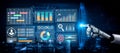 Futuristic AI Dashboard Displaying Data Analytics and Visualizations with Robotic Hand Interaction in a Digital Royalty Free Stock Photo