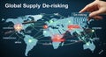 Visual representation of global supply chain de-risking strategies, highlighting vulnerable regions and interconnected logistics. Royalty Free Stock Photo