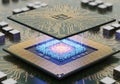 A visual representation of a microchip with a focus on technology. Two circuit boards are depicted Royalty Free Stock Photo