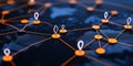 Visual representation of network with location markers and connections