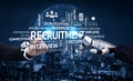 Human Hand and Robotic Hand Collaborating in a Recruitment Process with Digital Elements Representing Job Acquisition Royalty Free Stock Photo