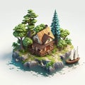 Tiny island with a wooden shelter in isometric illustration Royalty Free Stock Photo