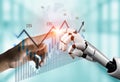 Human Touch Meets Technology: A Symbolic Interaction Between a Human Hand and a Robotic Hand Over Graphs of Data and Royalty Free Stock Photo