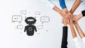 Collaboration Among Diverse Hands with a Chatbot Illustration Representing Communication and Technology Interaction in a Royalty Free Stock Photo