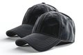 Visual of three black baseball caps isolated on white background, different angles, hyper realistic Royalty Free Stock Photo