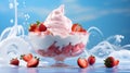 A floating yogurt swirl accompanied by fresh strawberries.