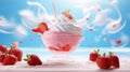 A floating yogurt swirl accompanied by fresh strawberries.