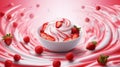 A floating yogurt swirl accompanied by fresh strawberries.