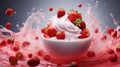 A floating yogurt swirl accompanied by fresh strawberries.