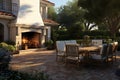 Visual Villa Comfort: Backyard Oasis with Fireplace and Furniture. Generative By Ai